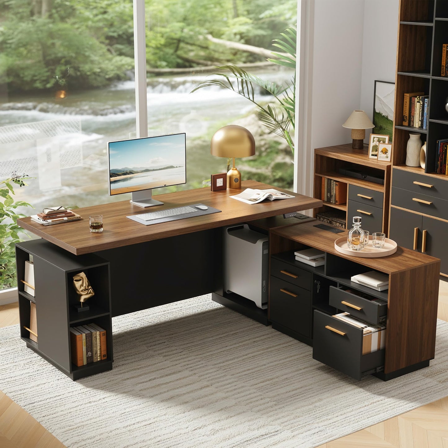 ModernMate 71" Standing Desk with File Cabinet, AC/USB, 1.18" Desktop, L Shaped Height Adjustable Desk, Electric Furniture Set with Multiple Functions for Home and Office, Black Walnut