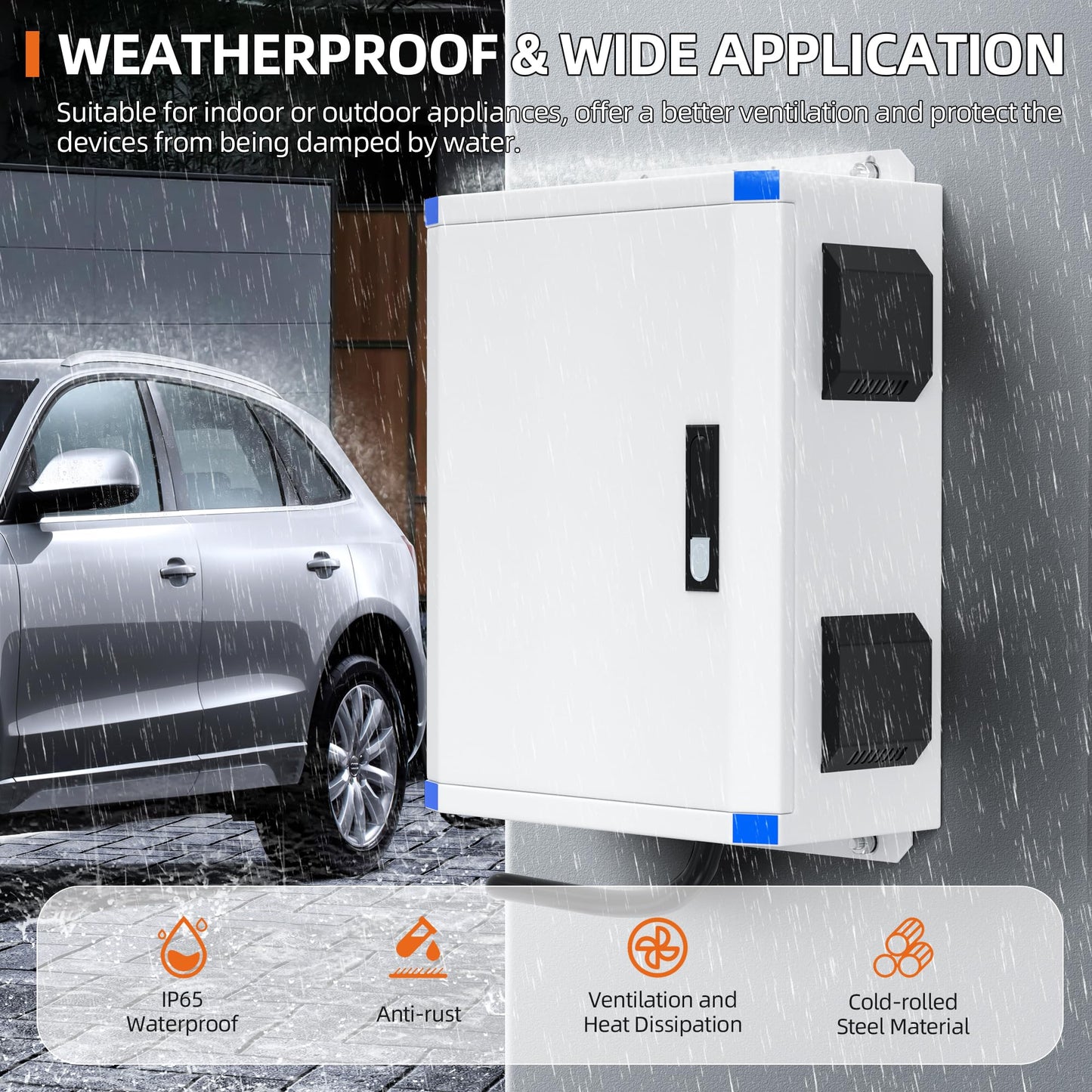 Joinfworld Outdoor Electrical Box 19.7"x15.7"x7.9" Metal Waterproof Vented Nema Enclosure with 12V Fan, Stainless Steel Junction Box with Cold Rolled Steel Plate Hinge Connection Din Rail