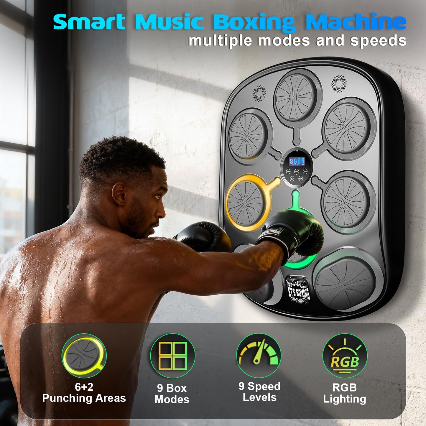 Music Boxing Machine, Bluetooth Smart Music Punching Machine for Adults, 8-Target Wall-Mounted Workout/Training Equipment with Boxing Gloves, Suitable for Home Gym Office Indoor Exercise