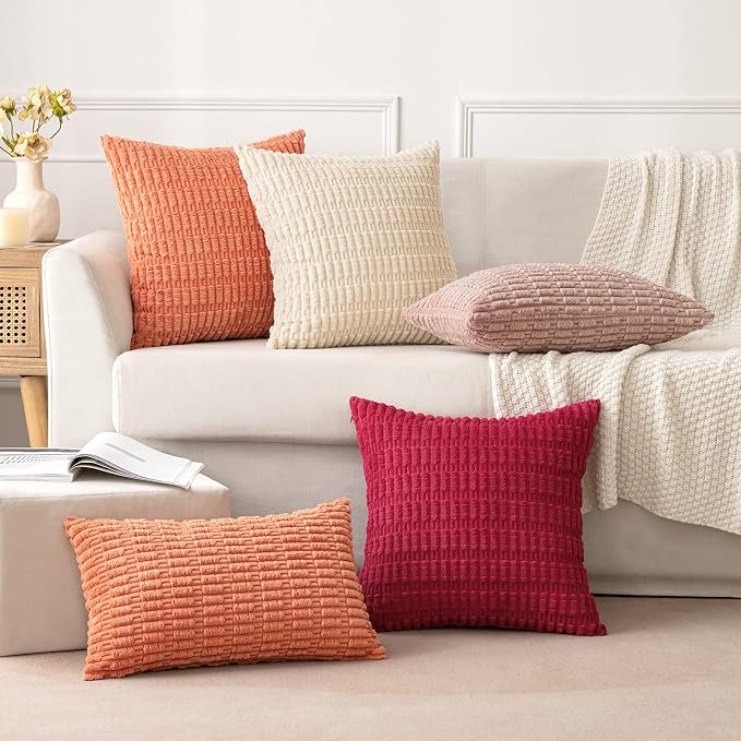 MIULEE Pack of 2 Corduroy Decorative Euro Sham Throw Pillow Covers 22x22 Inch Soft Boho Striped Pillow Covers Modern Farmhouse Home Decor for Summer Sofa Living Room Couch Bed Coral