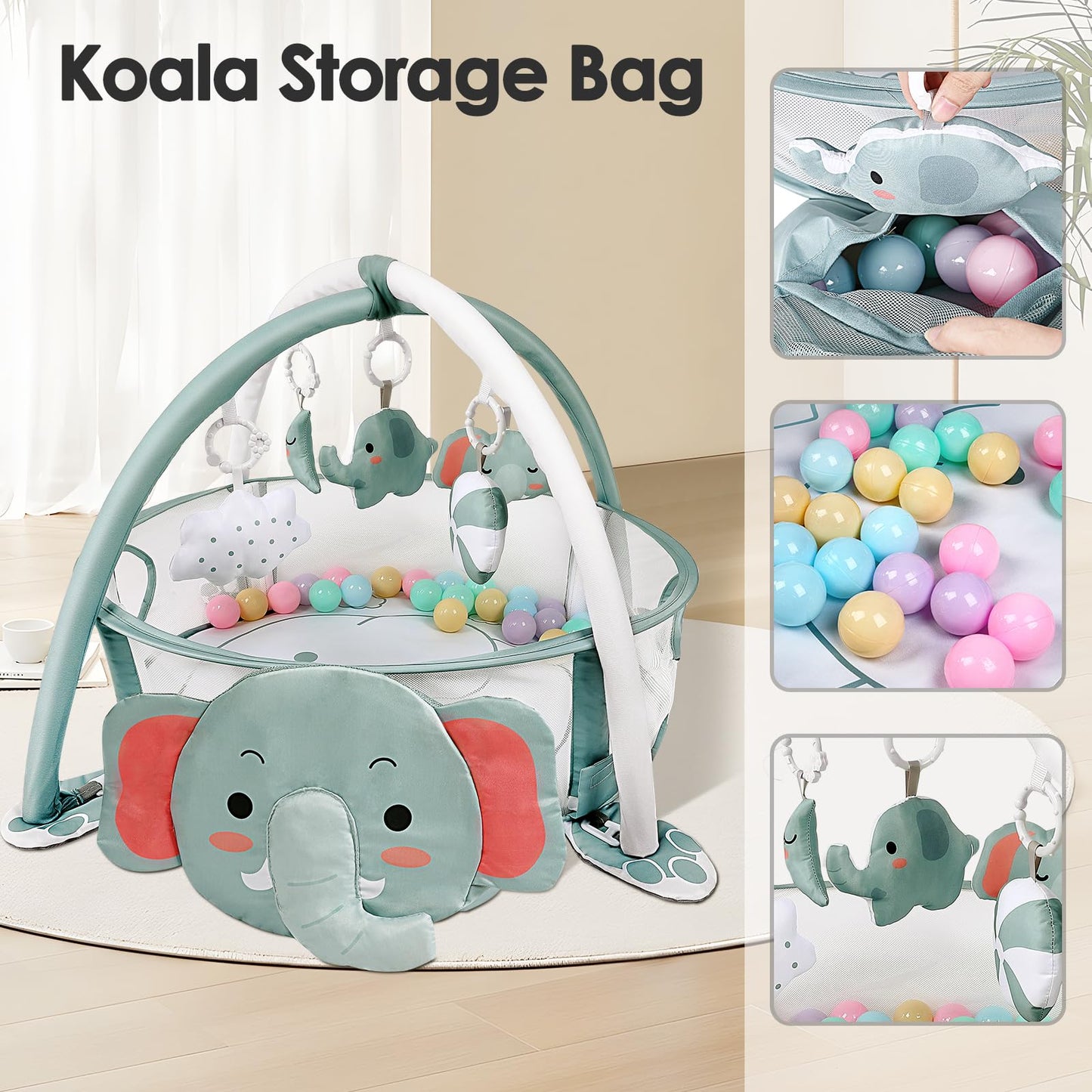dearlomum 4-in-1 Baby Play Mat Baby Gym,Ball Pit Including 30 Balls for Newborn Toddler Boy & Girl Gifts(Elephant)