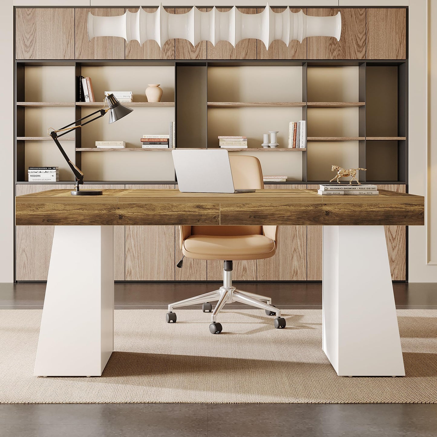 Tribesigns 55 Inches Executive Desk, Mid-Century Modern Home Office Desk, Wood Computer Table Business Workstation Small Conference Table, White & Brown