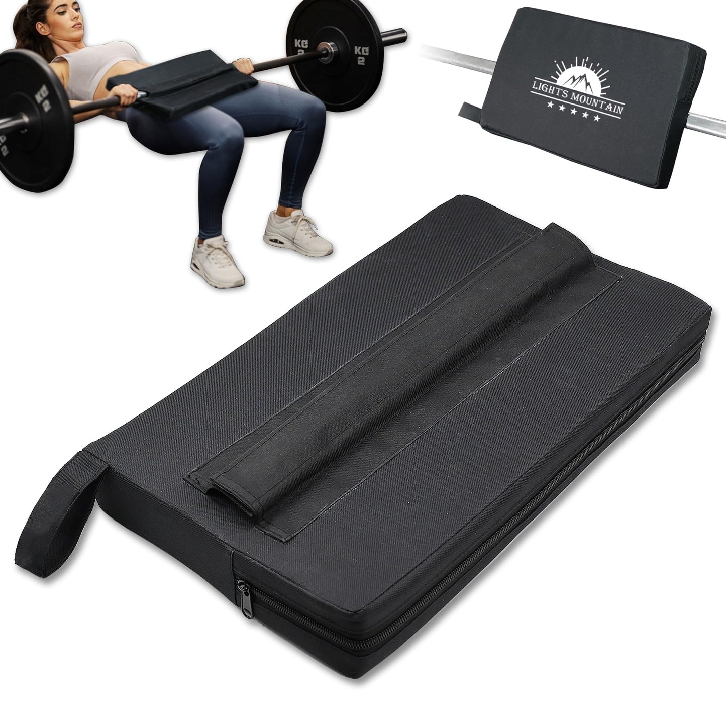 Lights Mountain Square Hip Thrust Pad for Smith Machine, Extra Thick Firm Barbell Pad for Glute Bridges, Non-Slip Hook & Loop, Heavy Duty Support for Squats & Hip Thrusts, Home Gym Equipment (Black)