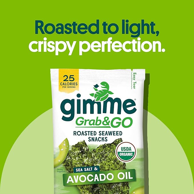 Gimme Seaweed Grab & Go Organic Premium Roasted Seaweed Snacks, Sea Salt & Avocado Oil, 5 Count Trayless, Keto, Vegan, Gluten-Free, Source of Omega3s, Healthy On-The-Go Snack for Kids & Adults