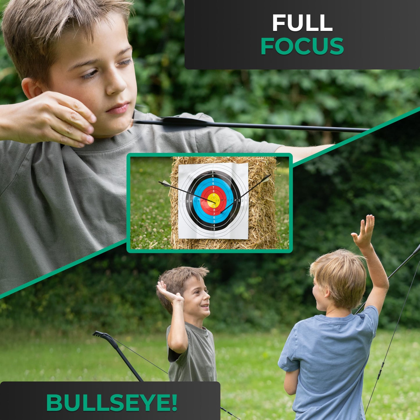 BOWRILLA® Bow and Arrow for Kids Ages 6+ | Beginner Archery Set with Aim Guide, 6 Carbon Hybrid Arrows & 3 Targets | 3-Piece Take-Down Recurve Youth Bow for Left & Right Handers
