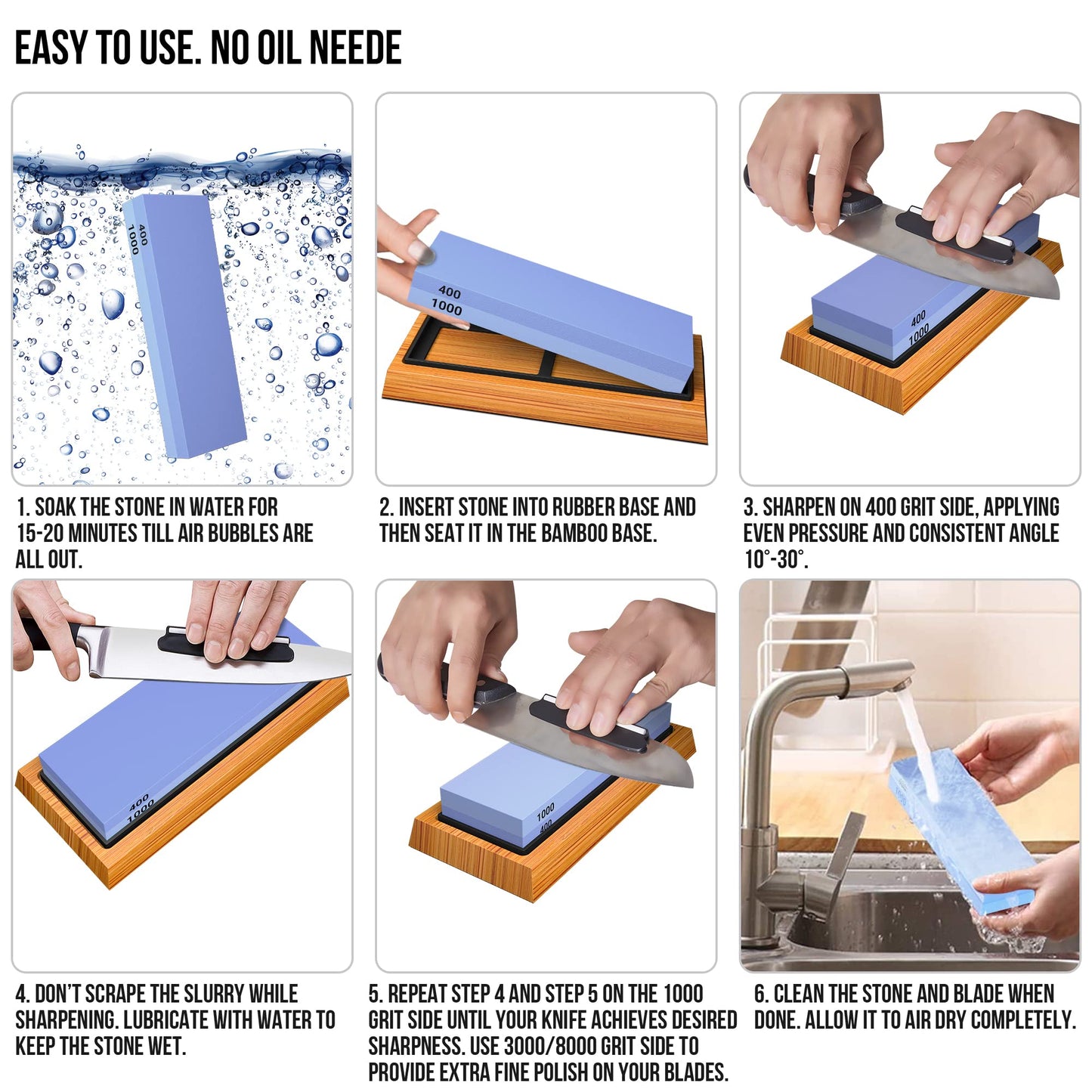 YeopAsda Knife Sharpening Stone Set - Premium 4 Side Grit 400/1000 3000/8000 Whetstone Sharpener Kit - Non-Slip Bamboo Base,Cut Resistant Gloves, Angle Guide,Flatting Stone,Honing Guide,Leather Strop