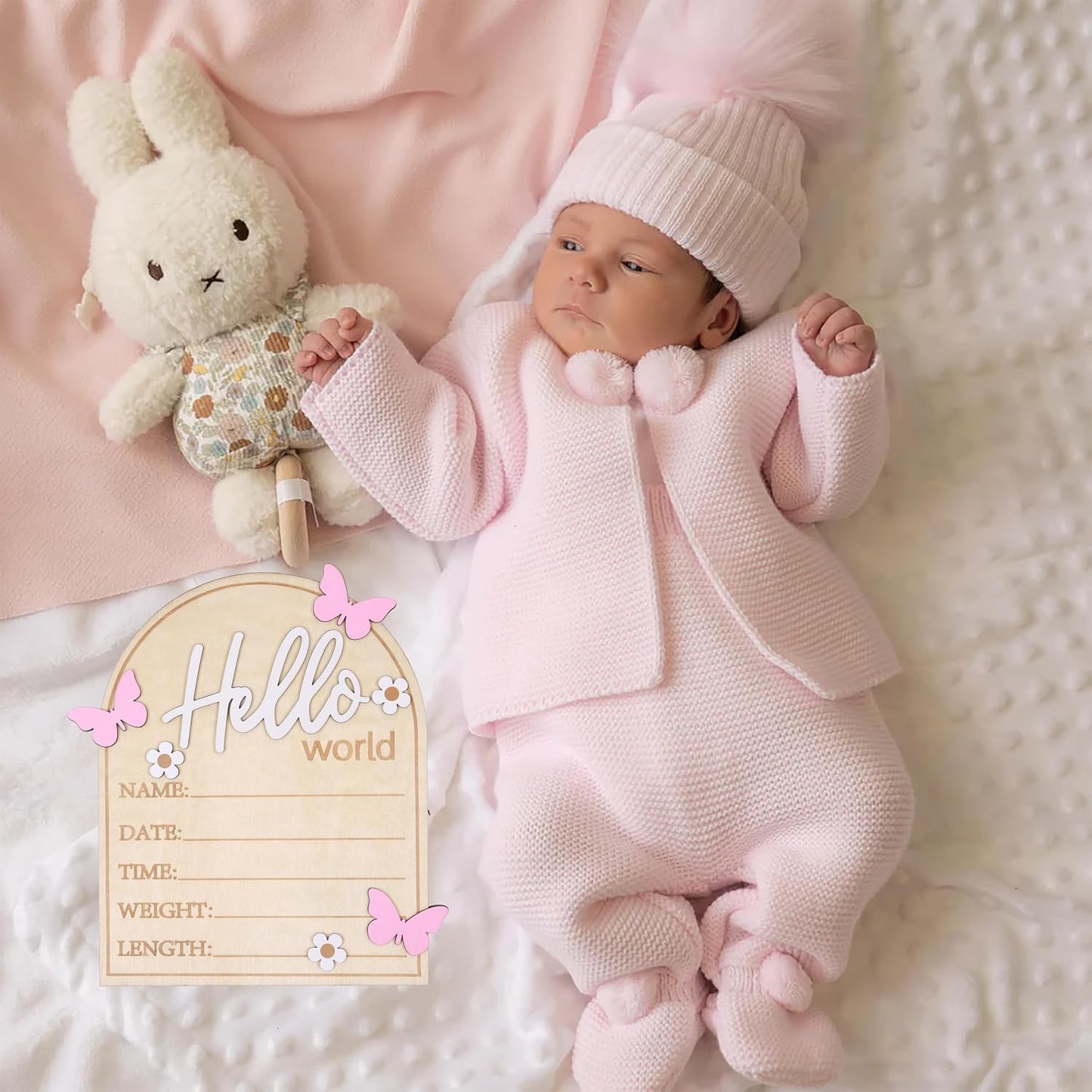 Board,3D Pink Butterfly Hello World Newborns Welcome Wooden Monthly Milestone Cards,Pink Butterfly Newborn Birth