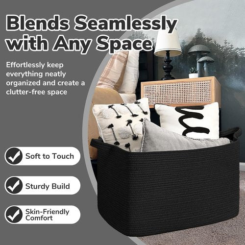 Goodpick Large Woven Blanket Basket - Stylish Storage for Toys & Laundry | 21.6" x 14.9" x 11.8" | Black