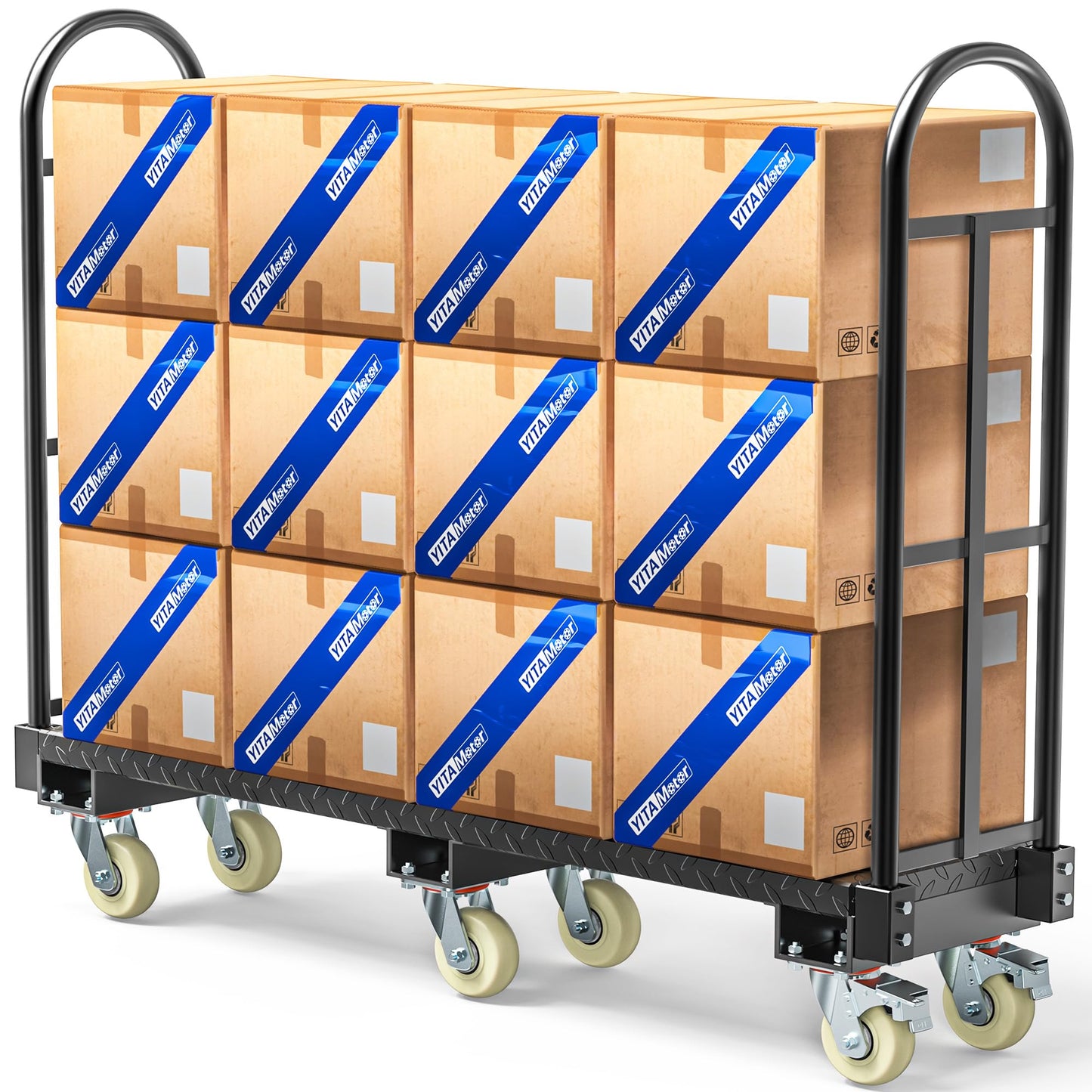 YITAMOTOR Heavy Duty Narrow Aisle U-Boat Platform Truck Dolly, 60.2 x 15.7 x 60.6 Inch U-Boat Cart with Thick Steel Deck 2000 Lb. Capacity with 6 Casters(2 Swivel Wheels with Brake)