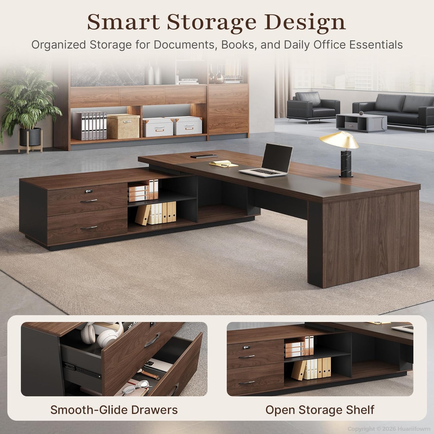 Huariifowm 63" Reversible L-Shaped Executive Desk with Locking Drawers, Compact Office Desk for Home & Manager Office, Power Outlet, USB Ports, Storage Shelves, Privacy Panel & LED Light, Walnut Gray