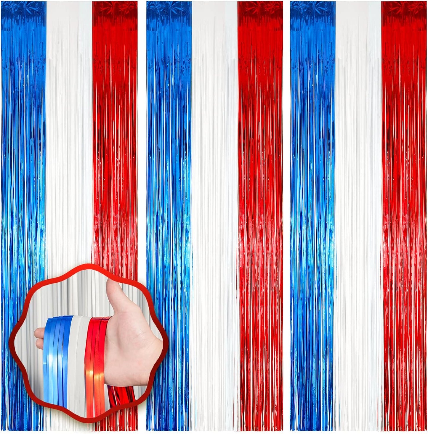 Voircoloria Red, White & Blue Foil Fringe Backdrop Curtains - 3 Pack Tinsel Streamers for Patriotic Celebrations
