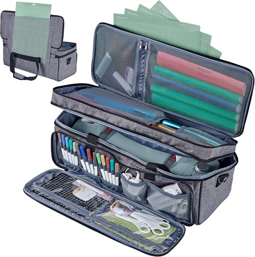 HOMEST Double Layer Carrying Case - Mat Pocket for Cricut Maker 4 & Explore 4 | Multi Front Pockets, Grey