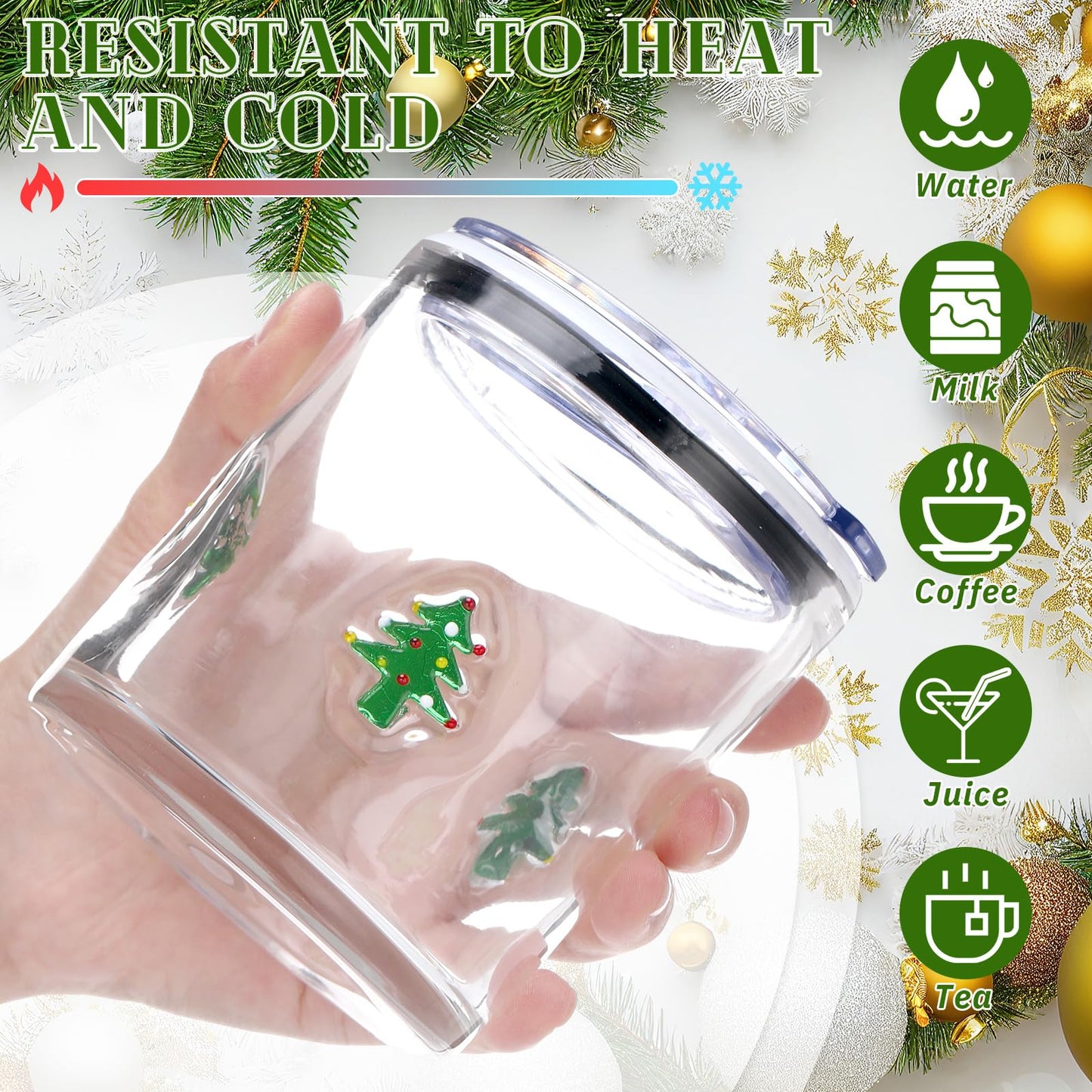 Patelai 2 Pcs Christmas Tree Icon Glasses Cups with Lids and Straws 15oz Reusable Drinking Iced Coffee Glass Cups Cute Xmas Tumbler Gifts for Christmas Adults Women Men Holiday Stocking Stuffer