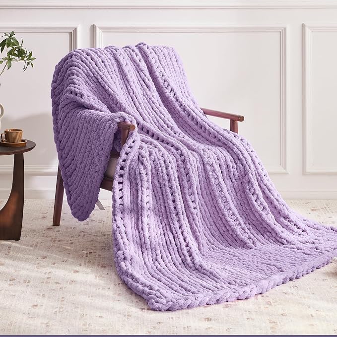 Negwoo Chunky Knit Throw Blanket, 60''*80'' Knitted Throw Chenille Yarn for Bed Couch, Handmade Light Purple Crochet Big Thick Blanket, Machine Washable Cute Comfy Blanket for Home Decor