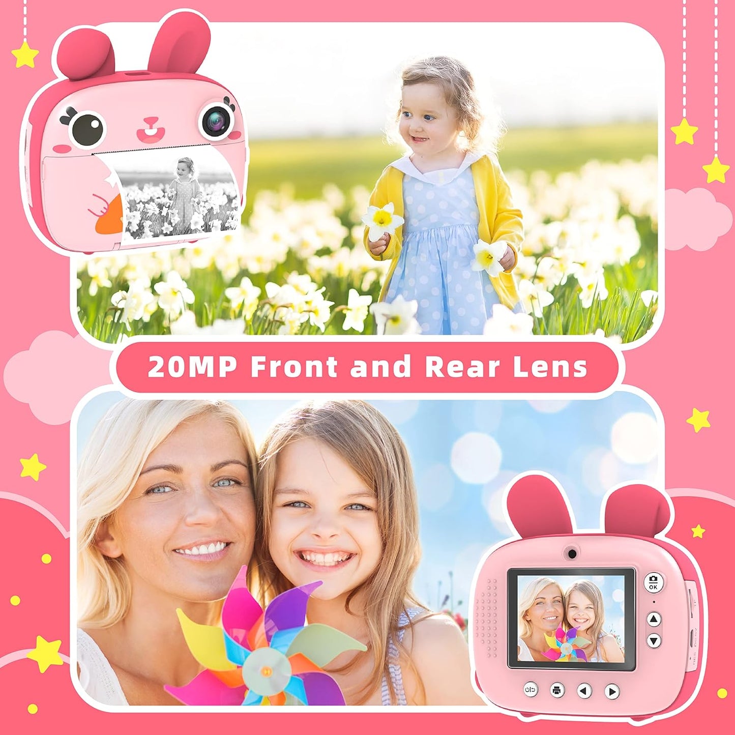 CAMCLID 2.5K 32GB 1080P 3-12 Kids Instant Camera - Instant Print Camera with No Ink, Card, Selfie & Video, Pink Toy