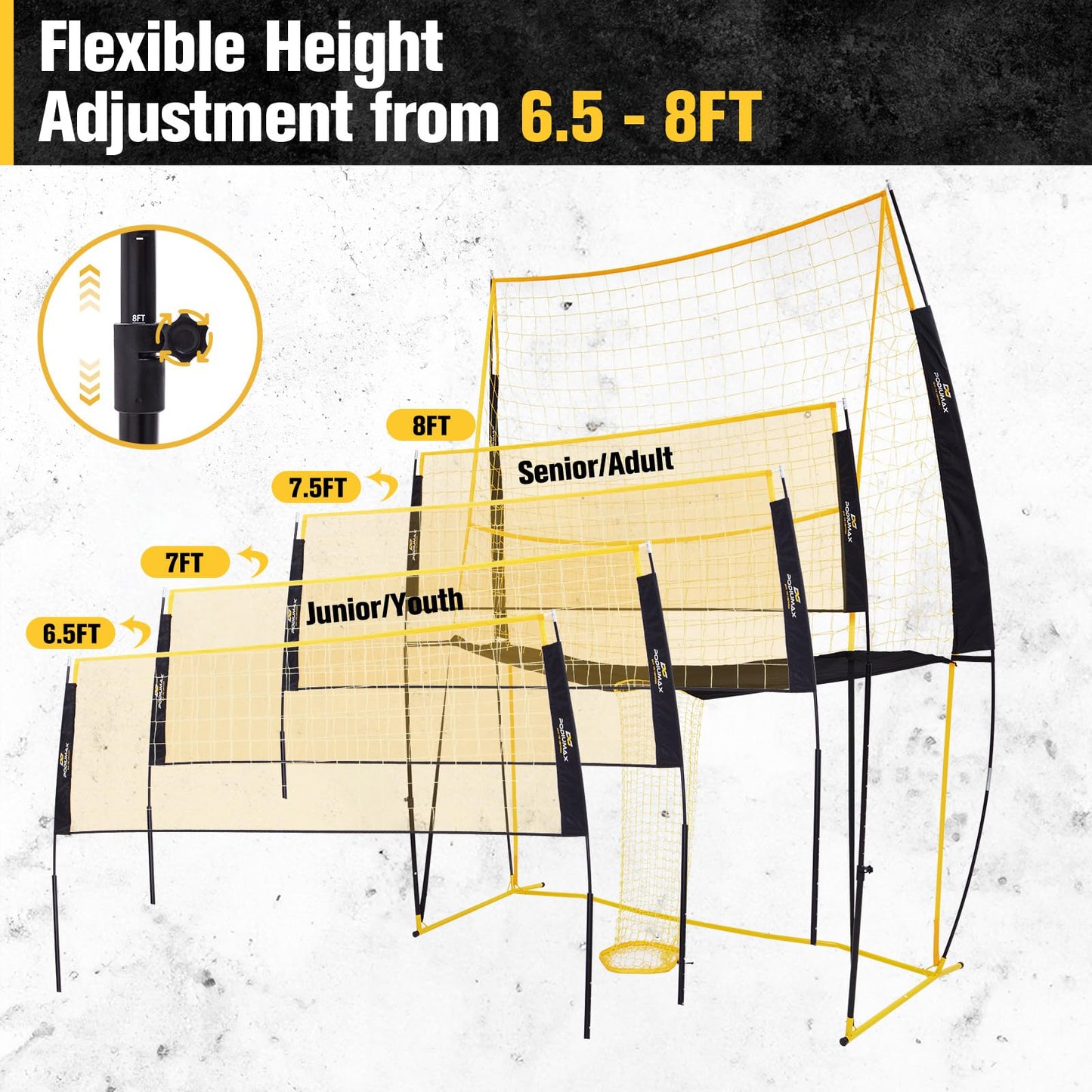 PodiuMax Volleyball Training Equipment, 11x8FT Adjustable 6.5–8 ft, Volleyball Practice Net for Serve & Spike, 2-in-1 Train & Play, Fast Setup, Stable Frame Training Net for Backyard Indoor Outdoor