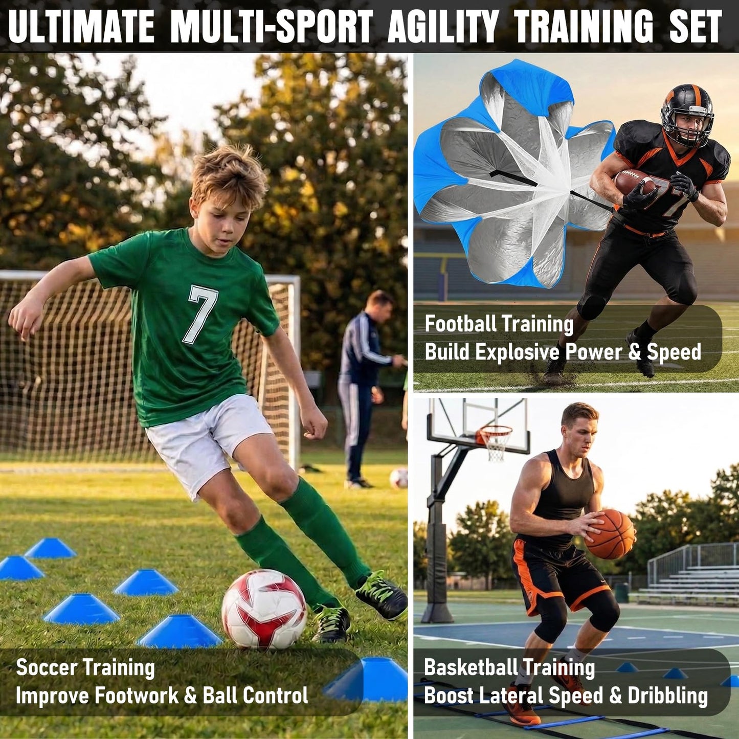 MUROZA Agility Ladder, Football Training Equipment Set, 20ft Speed Ladder, 12 Soccer Cones, 4 Hurdles, Jump Rope, Running Parachute, Soccer Football Basketball Training Equipment Accessories