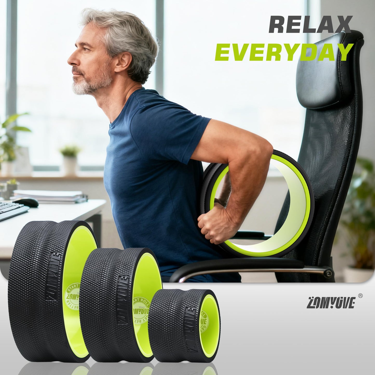 Back Roller Wheel - 3 Pack Yoga Foam Roller for Physical Therapy & Back Stretcher, Deep Tissue Massage for Pain Relief & Stretching | Green.