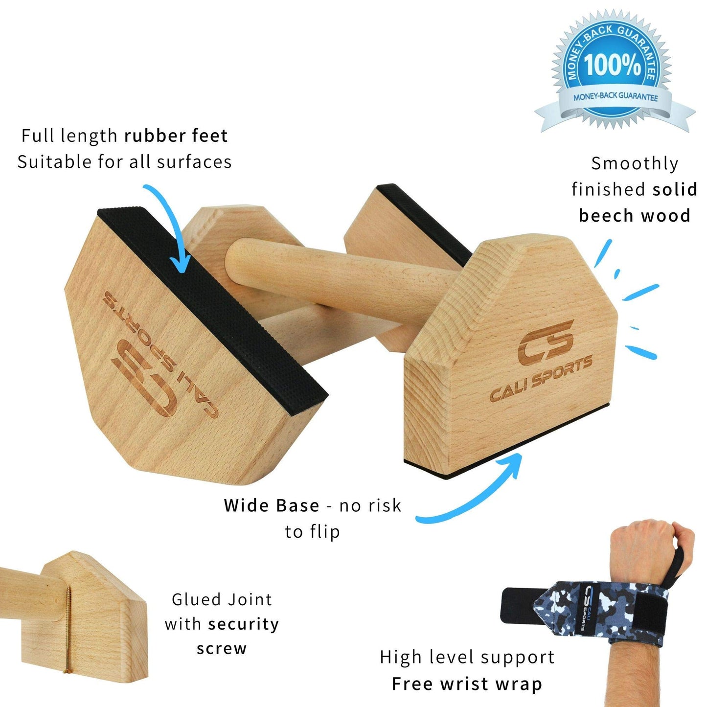 CALI SPORTS Push Up Bar Calisthenics Equipment, Solid Wood Parallettes Bars for Floor Use, Perfect Pushup Bar and Handstand Push Up Handles for Men and Women, Includes Wrist Wraps