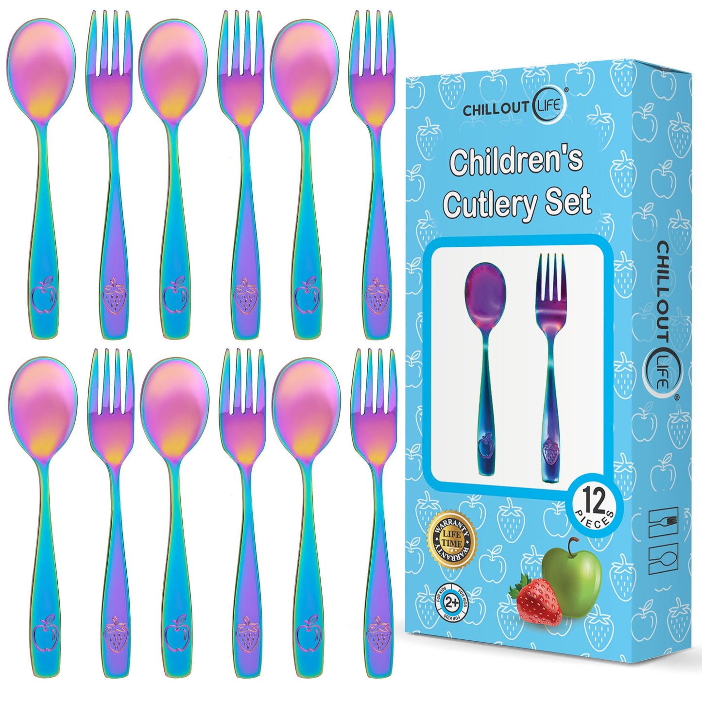 CHILLOUT LIFE Stainless Steel Kids Silverware Set 12 Pieces - Child and Toddler Safe Flatware - Kids Utensil Set - Metal Kids Cutlery Set (Includes 6 Small Kids Spoons & Kids 6 Forks, UV Rainbow)