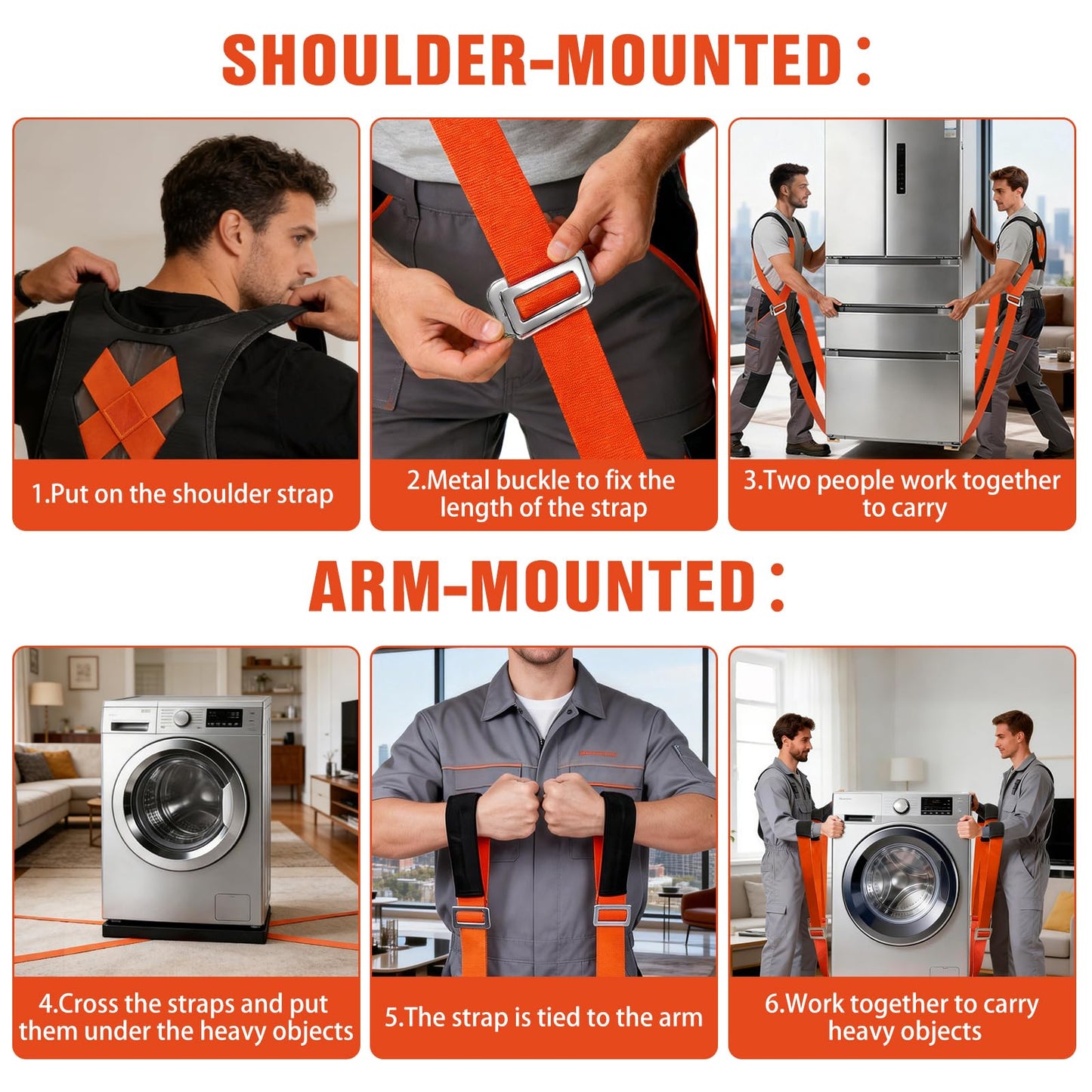 Moving Straps 2-Person Lifting and Moving System Transporting Heavy Objects up to 880lbs Efficiently Safely Suitable for Lifting and Transporting Wardrobes Sofas Furniture (Orange-Red, Standard)