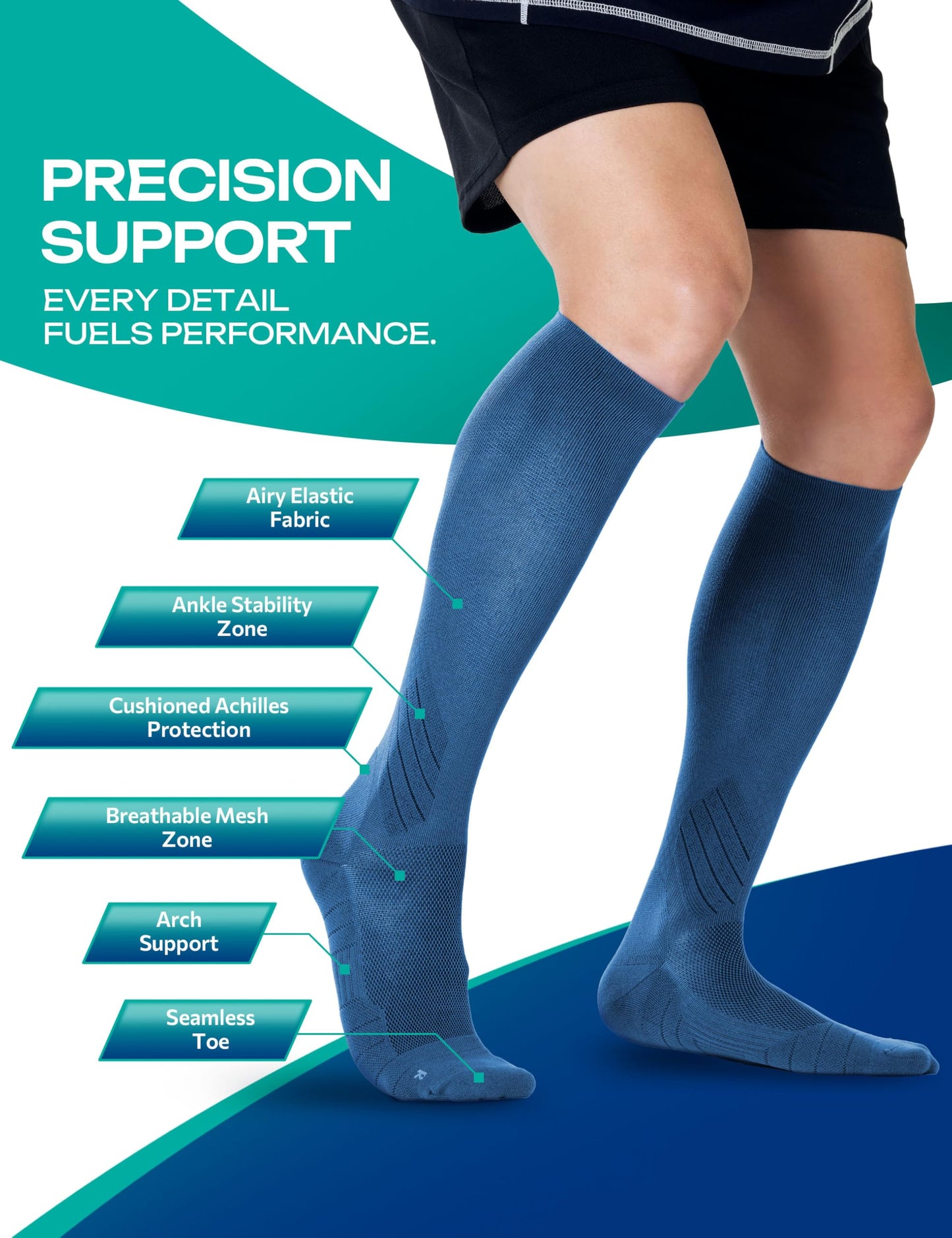 LANDWOVEN Compression Socks for Women and Men, 15-20mmHg Knee High Support Socks, Lightweight Breathable Travel and Running Socks for Flying, Training, Work and Daily Wear, L, Black 1 Pair