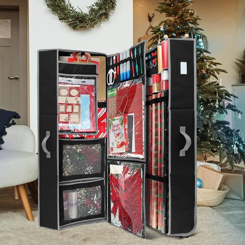 Hearth & Harbor Holiday Storage with Extra 2 PC of Christmas Storage Bins and Ribbon Storage Organizer - Fade Resistant Wrapping Paper Storage Containers with Wheels Fits Up to 30 Rolls of 40" Length
