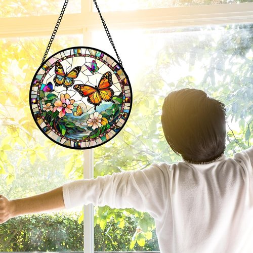 DASTOLL Stained Glass Suncatcher - Butterflies Flying in the Sky | 9.8-Inch Decorative Window Hanging for Home, Gifts for Mom