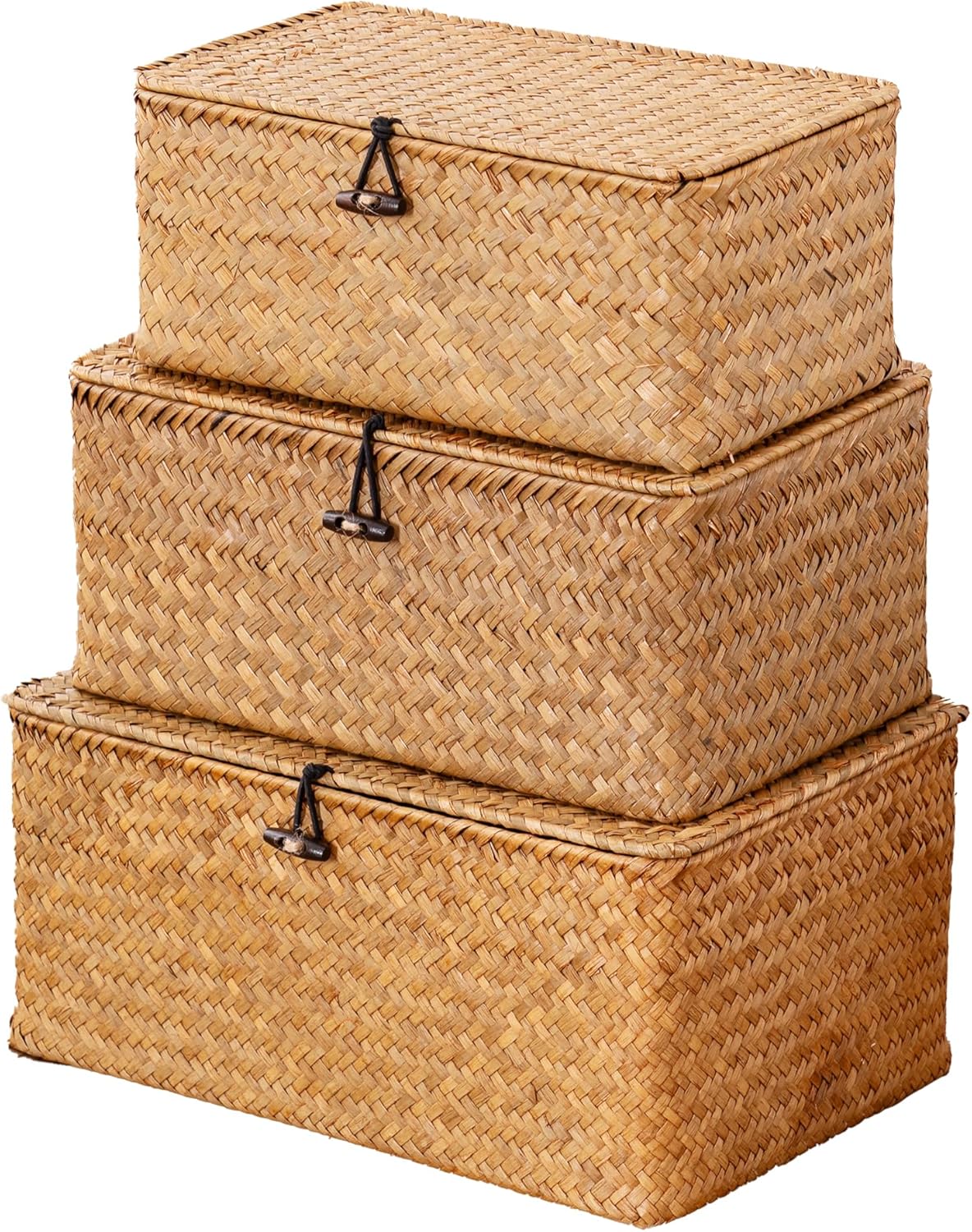 Nonam Storage Basket Set of 3 - Natural Seagrass Bins with Lids for Boho Home Organization