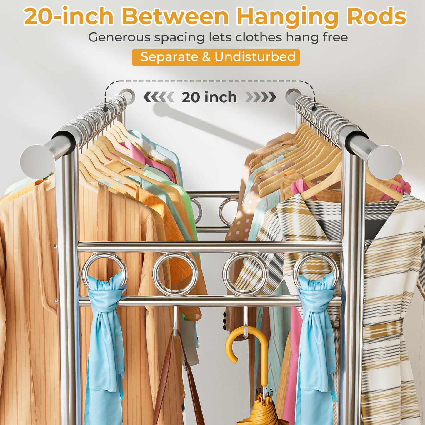 Heavy Duty Clothes Rack Load 960LBS, Three Rods Rolling Clothing Racks for Hanging Clothes, Rolling Garment Rack With Sturdy Wheels Shelves Hooks, Portable & Adjustable Commercial Garment Rack, Silver