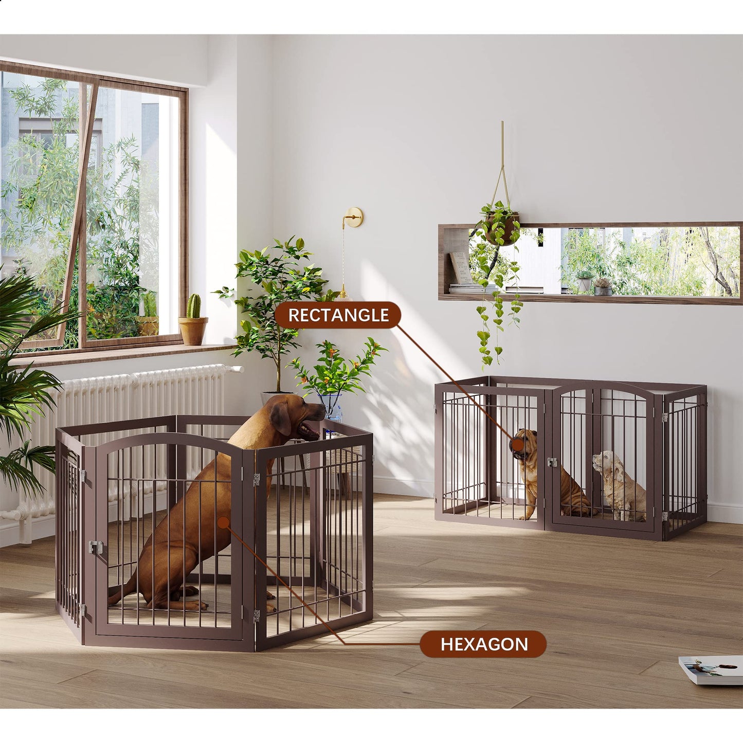 JSB 144-inch Extra Wide 30-inch Tall Dog gate with Door Walk Through, Freestanding Pet Gate for Halls, Stairs & Home, Pet Puppy Safety Dog Fence with 2PCS Support Feet (Espresso)