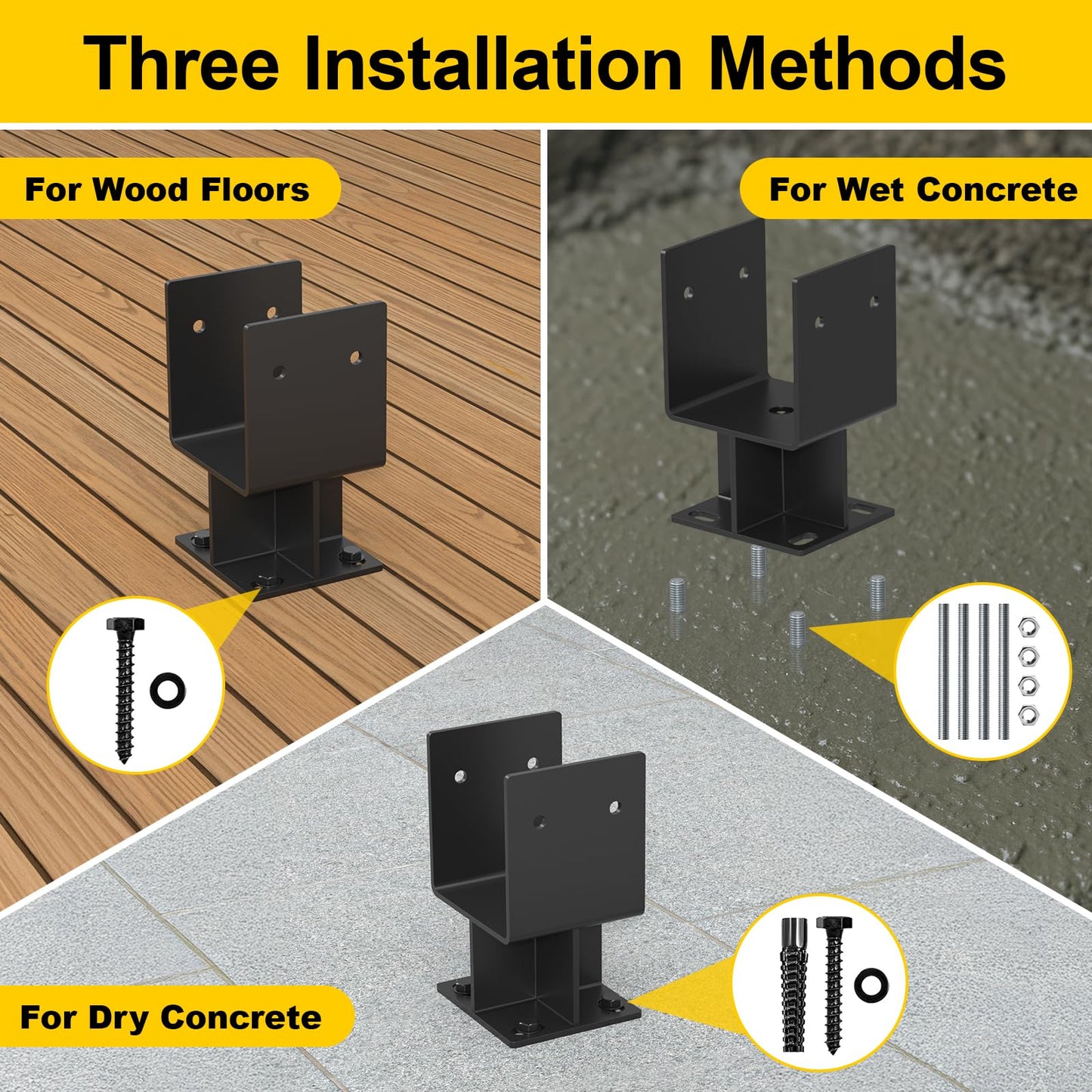 4"x 4" Concrete Post Base, 2Pcs Stainless Steel Adjustable Post Anchor Bracket (Internal 3.5 x 3.5), U-Shape Wood Post Base Holder for Pavilion Deck Porch Handrail Railing Support