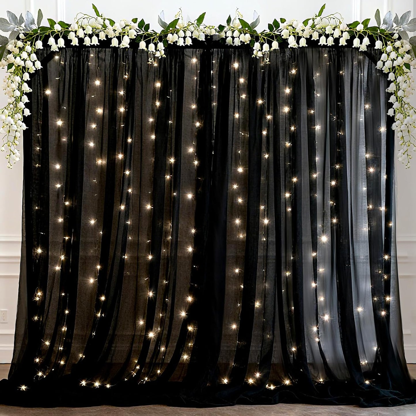 Ledido 1010ft 300LED Decoration(2 510ft)Black Black Tulle Backdrop Curtains with Lights String - Fairy Lights Sheer