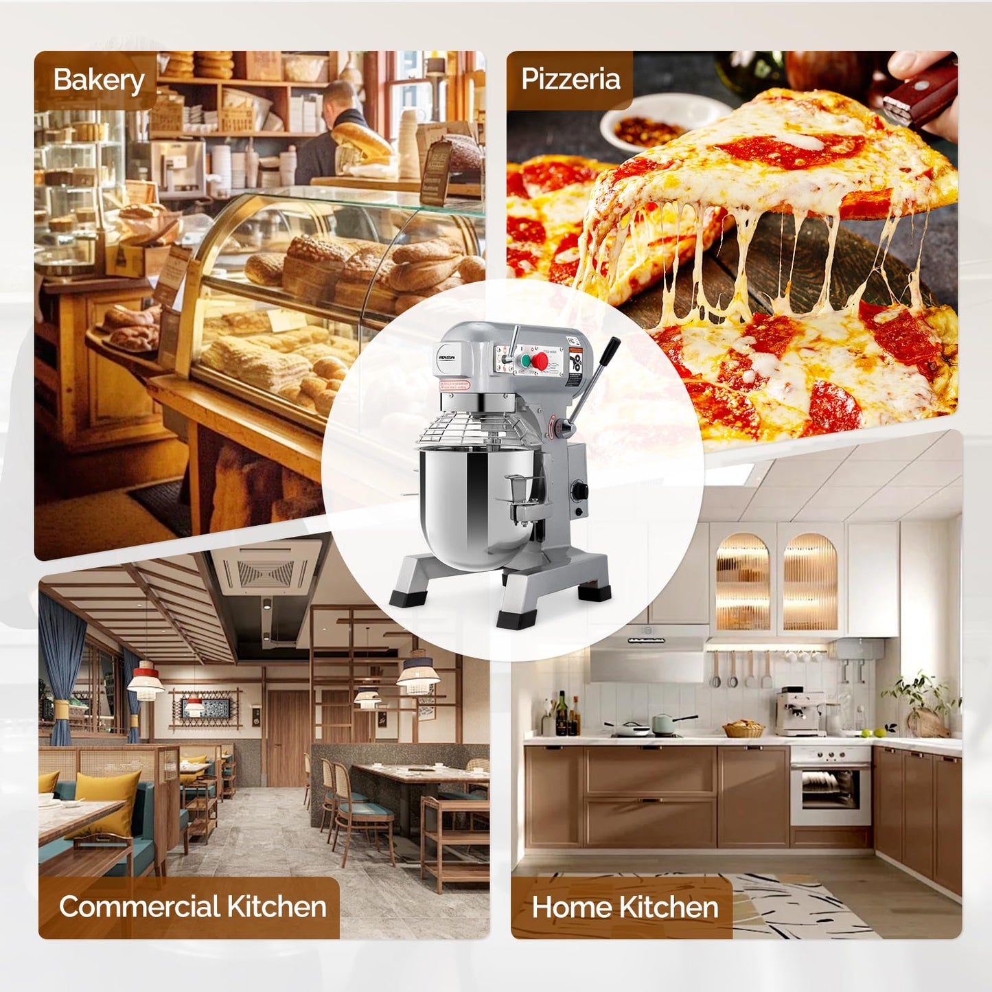 ROVSUN 30QT Commercial Food Mixer, 1100W Commercial mixer with 3 Adjustable Speed, Heavy Duty Electric Stand Food Mixer with Stainless Steel Bowl for Bakery Pizzeria