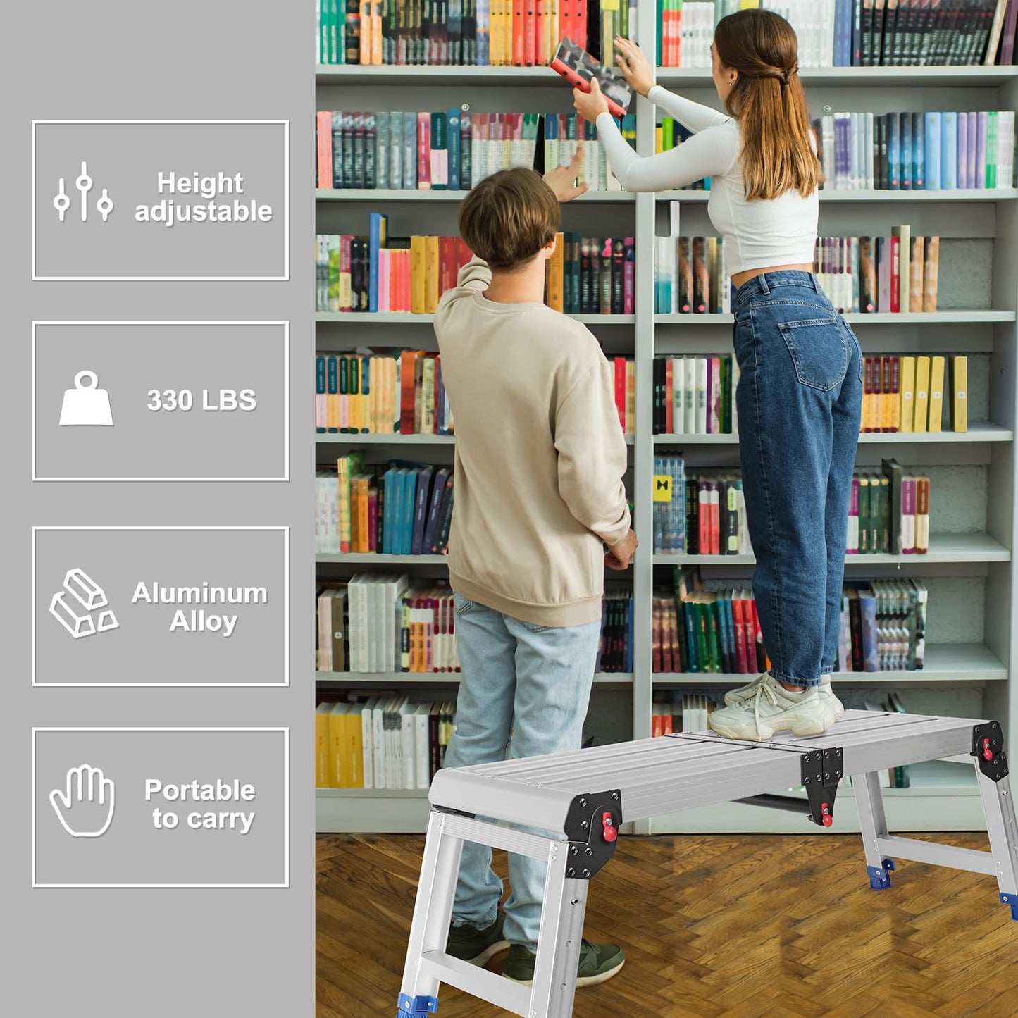 Foldable Aluminum Work Platform, 12.7 lb, Easy-Installation, Capacity of 500 lbs, Non-Slip, Step Stool for Adults with Adjustable Height, Heavy Duty & Portable Step Ladder