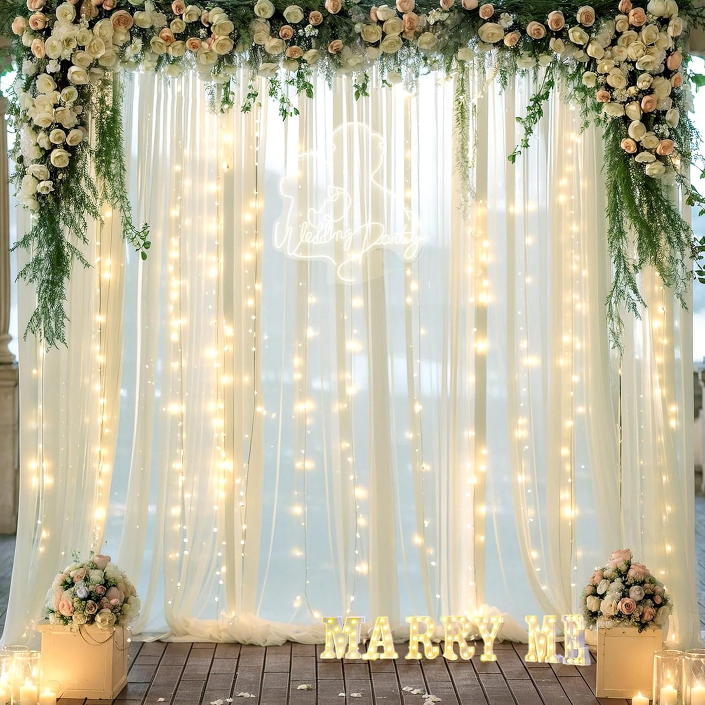 Suppromo 10ft 10ft x Ivory Tulle Photo Backdrop Curtain with Lights String for Parties Wedding Sheer Ivory Curtain
