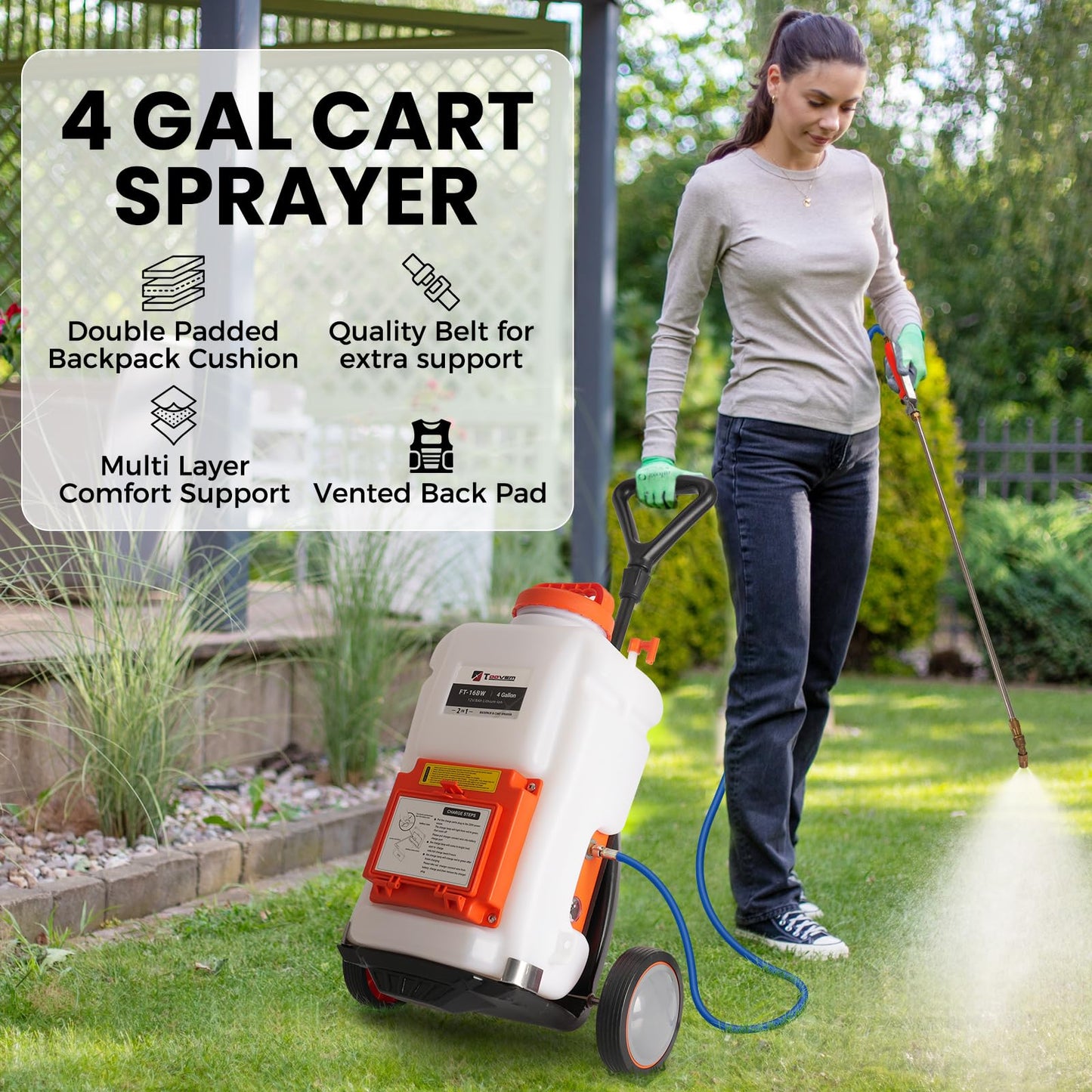 Toovem Battery Powered Backpack Sprayer, 4 Gallon Electric Sprayer with Wheeled Cart, Adjustable 0-94 PSI Backpack Garden Sprayer with 10FT Hose, 6 Nozzles for Lawn, Garden, Yard