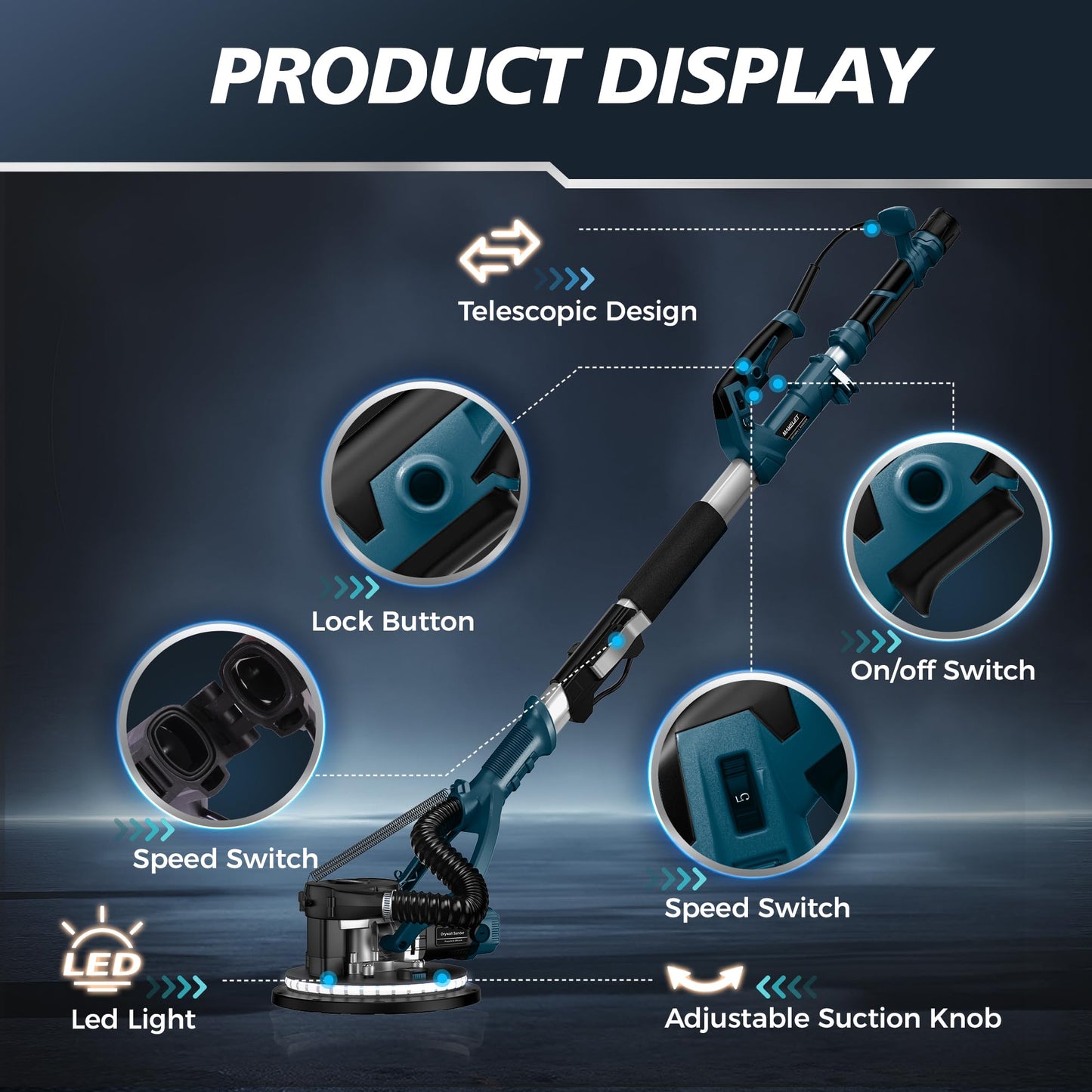 MAKELIFT Drywall Sander with Vacuum Dust Collector, 880W 7.33A Popcorn Ceiling Removal Tool, LED Light, 5 Variable Speed 1000-2100RPM, Foldable & Extendable Handle, 12 Sanding Discs