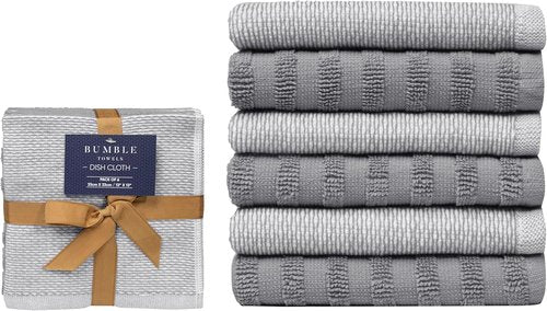 Bumble Premium Dish Cloths - Highly Absorbent 100% Natural Cotton | 13"x13" | 6 Pack - Soft Terry Set in Grey