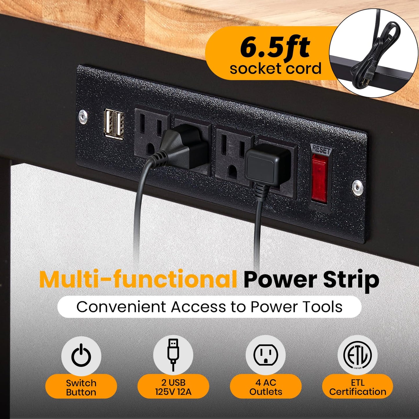 48" Adjustable Workbench with Power Outlet, 2000 Lbs Heavy Duty Work Table, 29.5"-39.4" Height Adjustable Workbench with Wheels & Pegboard, for Garage Office Workshop Home Commercial