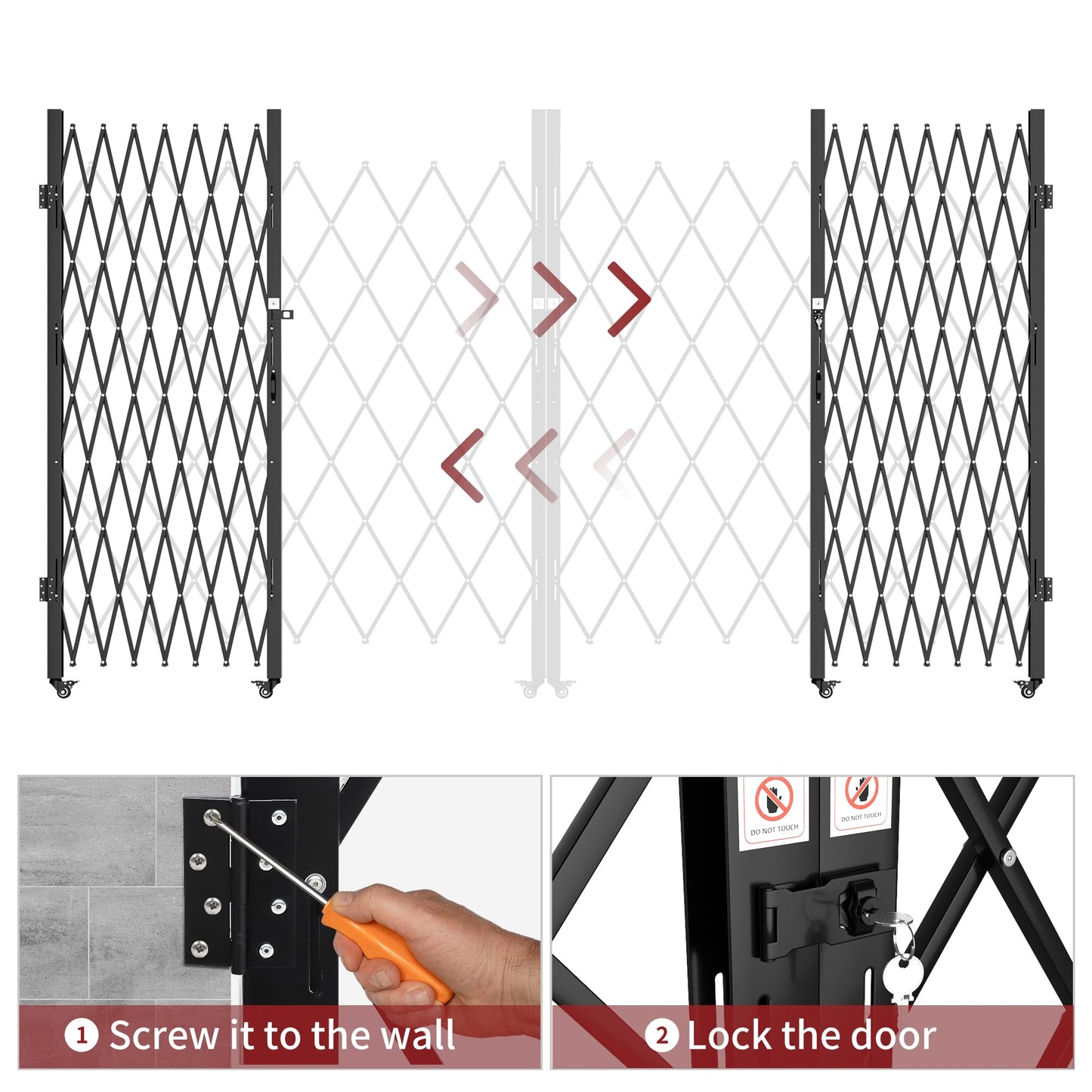 YITAHOME Double Folding Security Gate, 85" H x 150" W Accordion Gate, Flexible Expanding Security Gate, Retractable Fence Metal Safety Gates, 360° Rolling Barricade Gate, Scissor Gate with Padlock