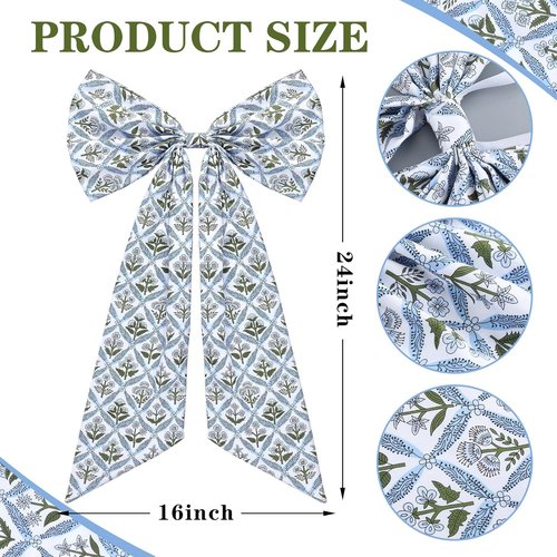 HunnmingRe Blue Block Print Bow Wreath Sash - 24 x 16 Inch Christmas Door Decor for Indoor/Outdoor Use