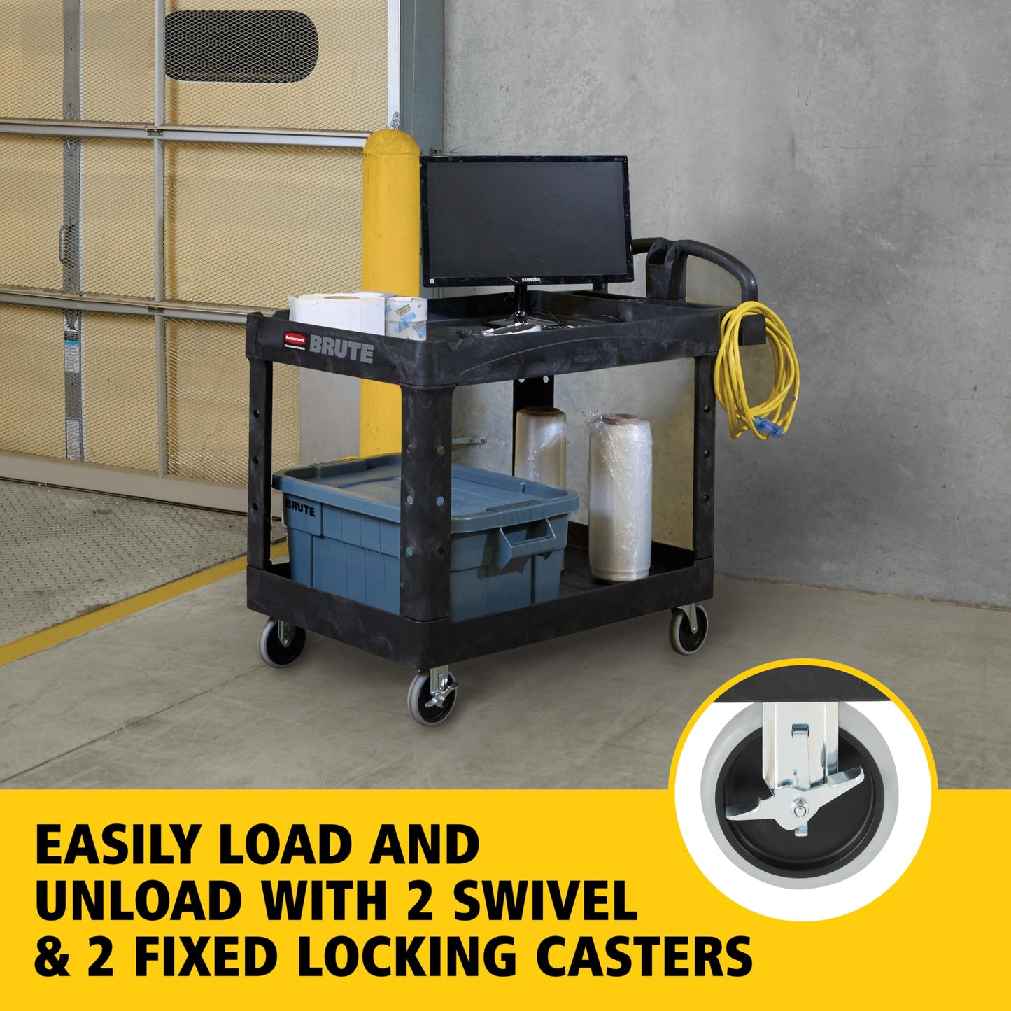 Rubbermaid Commercial Products 2-Shelf Utility/Service Cart, Medium, Black, Lipped Shelves, Ergonomic Handle, 500 Lbs Capacity, forfor Warehouse/Garage/Cleaning/Manufacturing