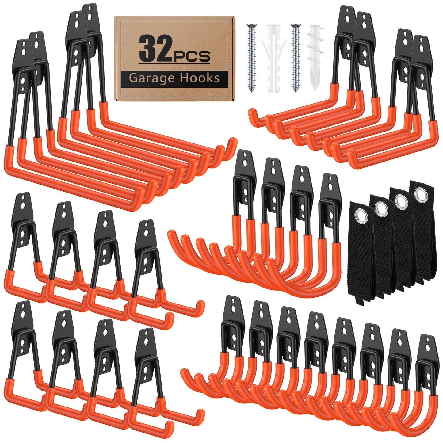 ITCPRIM 32 Pack Garage Hooks with Anti-Slip Coating Heavy Duty Wall Mount Hooks for Garage Storage and Hanging Hoses Bike Garden Tools Ropes etc