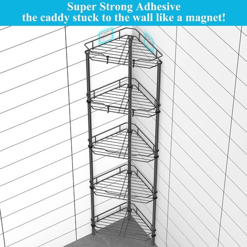 HuggieGems 5-Tier Corner Shower Caddy Organizer - Stylish Black Bathroom Shelf with Hooks