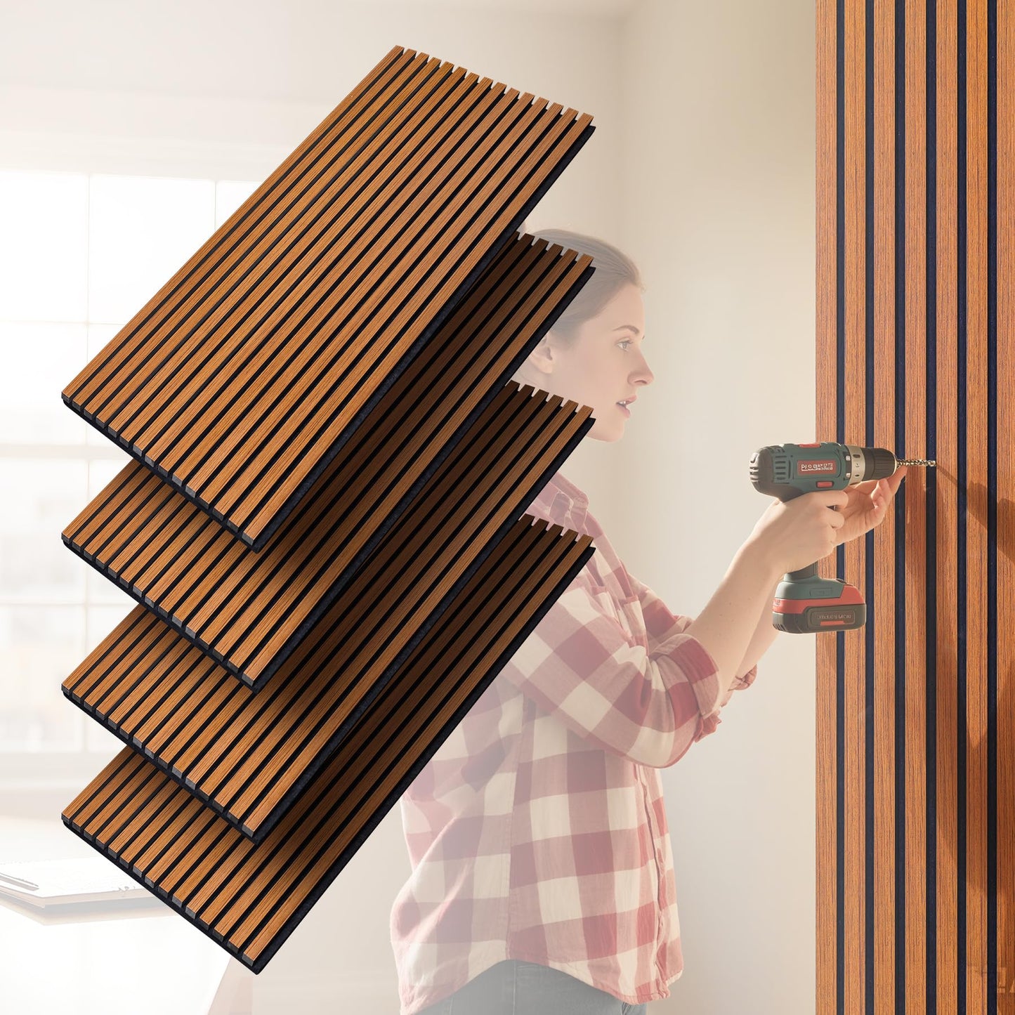 4-Piece Wood Slat Panels for Wall,47.2" x 23.6" Wood Panels Acoustic Panel Soundproof Wooden Paneling for Interior Wall Decor(Teak)
