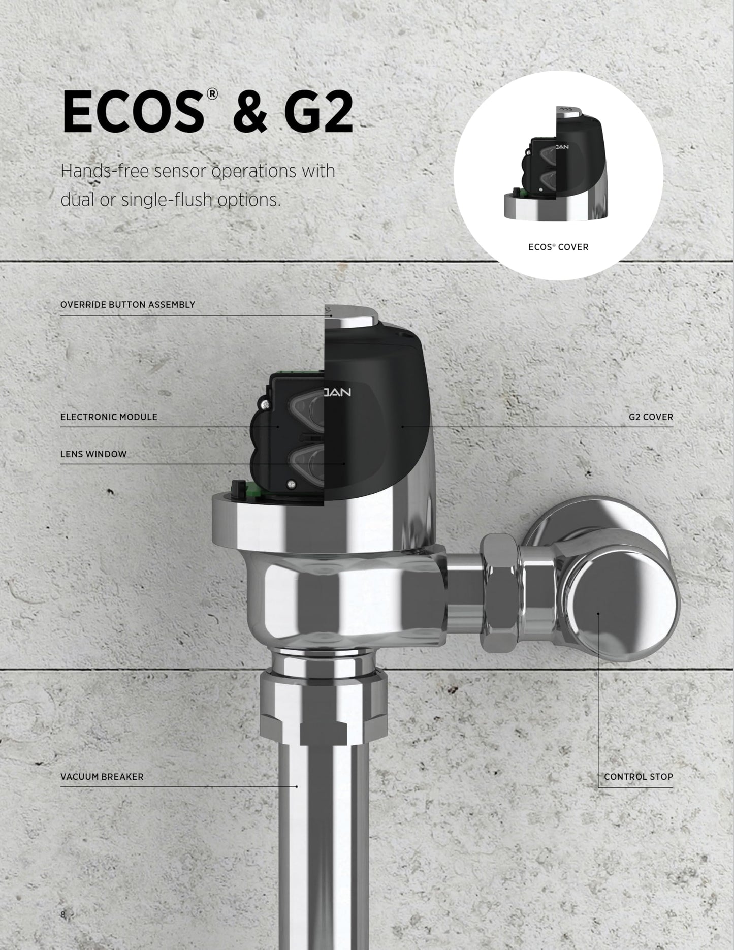 Sloan G2 Optima Plus 8180 Exposed Sensor Urinal Flushometer, 1.0 GPF Flush Valve - Single Flush, Fixture Connection Top Spud, Battery Powered Infrared Sensor, Polished Chrome Finish, 3250406
