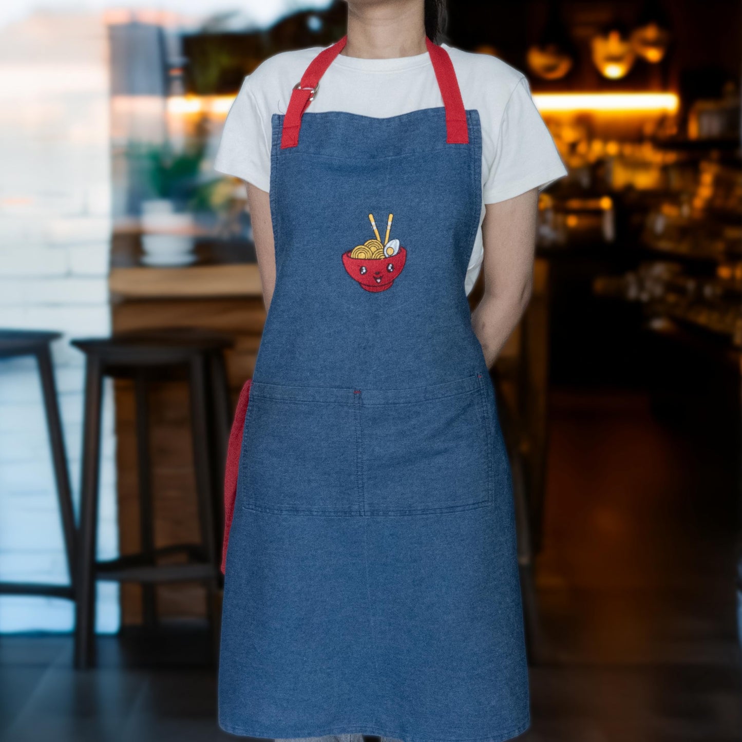 Denim Blue Kitchen Apron with Attached Red Terry Towel – 100% Cotton Denim Chef Apron for Men & Women with 2 Pockets, Adjustable Neck & Long Ties – Durable Barista, BBQ & Cooking Apron