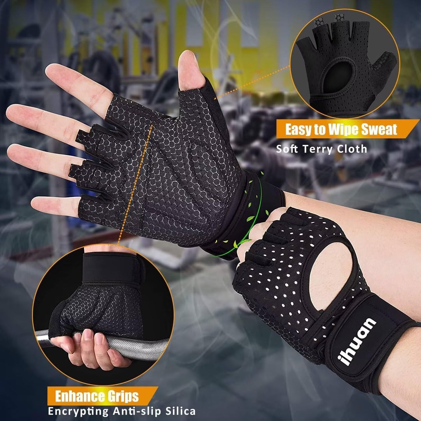 ihuan Breathable Weight Lifting Gloves: Fingerless Workout Gym | Wrist Support | Enhance Palm Protection | Extra Grip for Fitness| Training | Rowing | Pull-ups