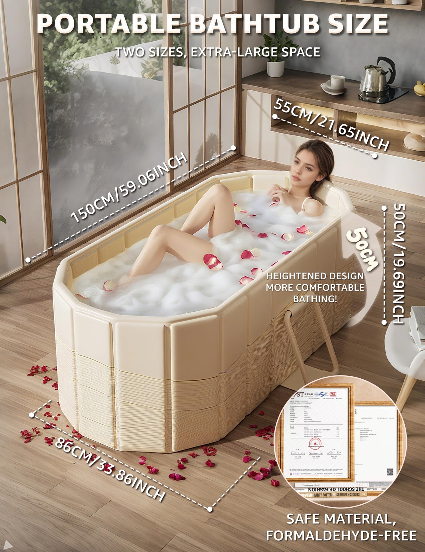 LoMoTive Portable Bathtub Ice Bath Tub - Foldable Collapsible Bathtub for Adult Shower Bathroom Hot SPA Soaking Cold Plunge Tub Freestanding Bathtub 59"Lx22"Wx20"H White